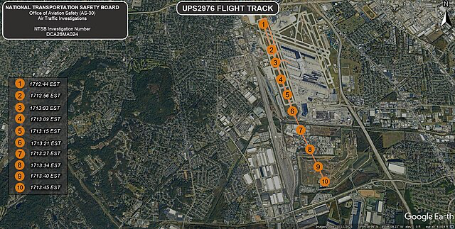 Graphic from preliminary report issued on Nov. 20, 2025 depicting the flight track of UPS flight 2976 based on ADS-8 data.