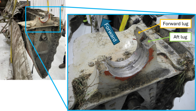 The separated left pylon after recovery (left image) and the left pylon aft mount's fractured forward and aft lugs (right/enlarged image).