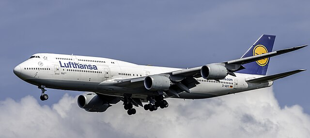 Lufthansa Boeing 747-8 D-ABYI on final approach at Washington Dulles International Airport, Virginia, USA.