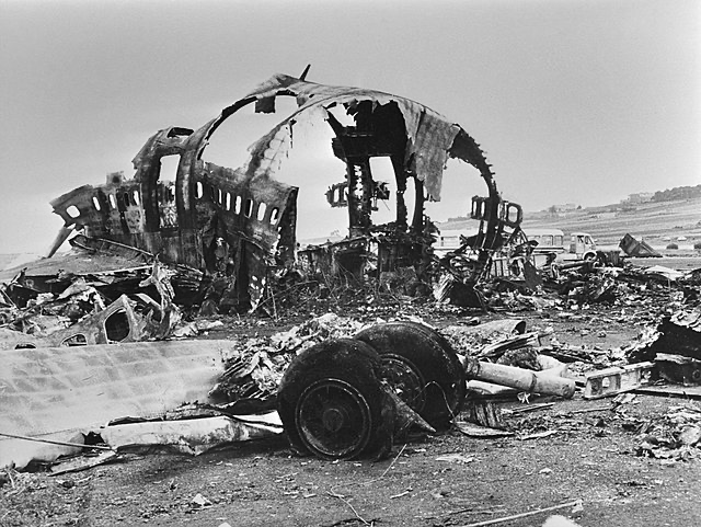 Wreckage on the runway of Los Rodeos after the Tenerife airport disaster of March 27, 1977.