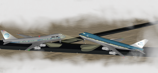 A CGI rendering of the two 747s that were destroyed in the Tenerife Disaster, just before the collision.