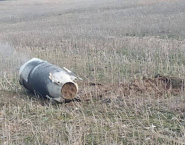 Remains of a downed missile in Kyiv Oblast after Russian missile attack on Ukraine on 29 December 2022