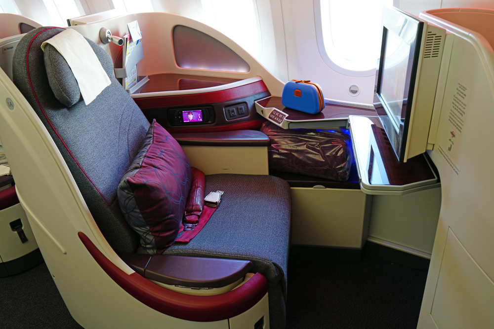 View of Business Class seats on a Qatar Airways Boeing 787 Dreamliner airplane