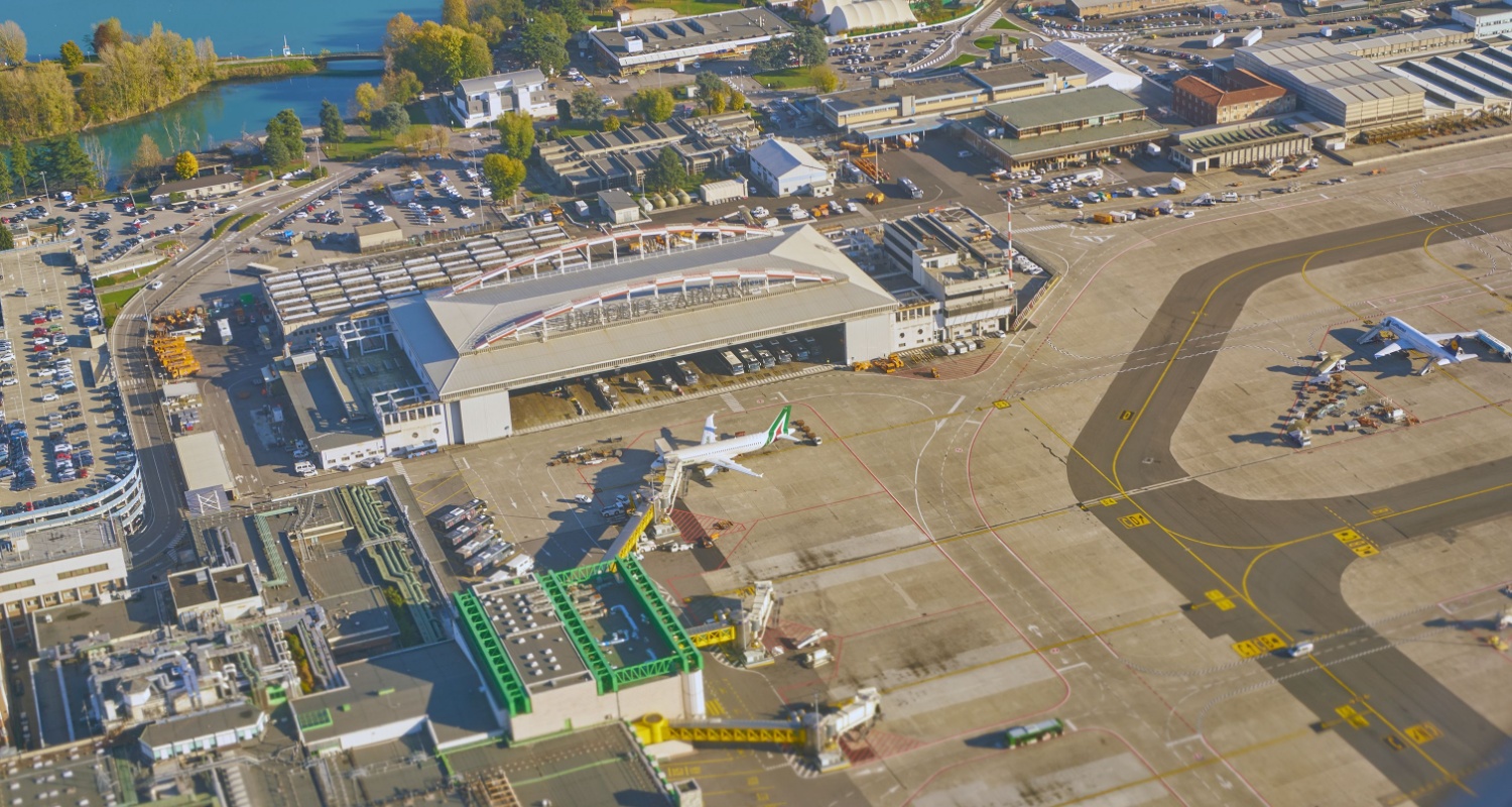 aerial view from aircraft after take-off from Milan Linate Airport