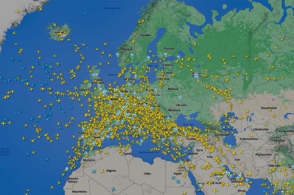 Flightradar24 app main view showing Europe