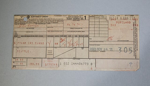 D.B. Cooper Plane Ticket